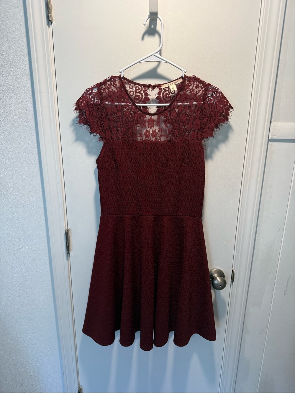 miami Burgundy Lace Yoke Fit-and-Flare Dress